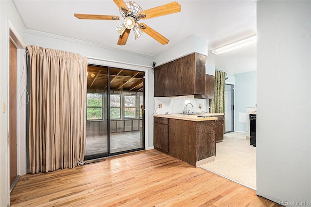 9590 Lowell Blvd, Westminster, CO 80031 - kitchen with dark brown cabinets, light countertops, light wood-style flooring, and ceiling fan