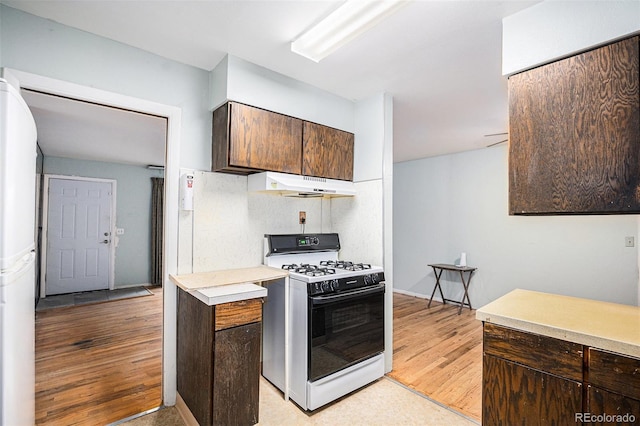 9590 Lowell Blvd, Westminster, CO 80031 - kitchen with gas range, under cabinet range hood, light countertops, refrigerator, and dark brown cabinets