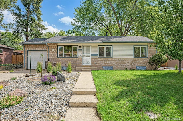 ranch-style house with a garage, a front lawn, concrete driveway, and brick siding