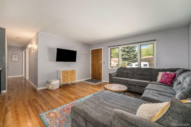 living room with baseboards and wood finished floors