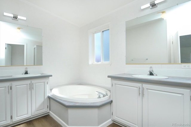 164 Robert Dr, Buena Vista, CO 81211 - bathroom featuring two vanities, a garden tub, and wood finished floors