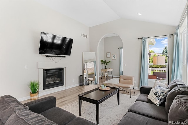 living room featuring light wood-type flooring and lofted ceiling