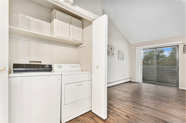 clothes washing area featuring a baseboard radiator, separate washer and dryer, and wood finished floors