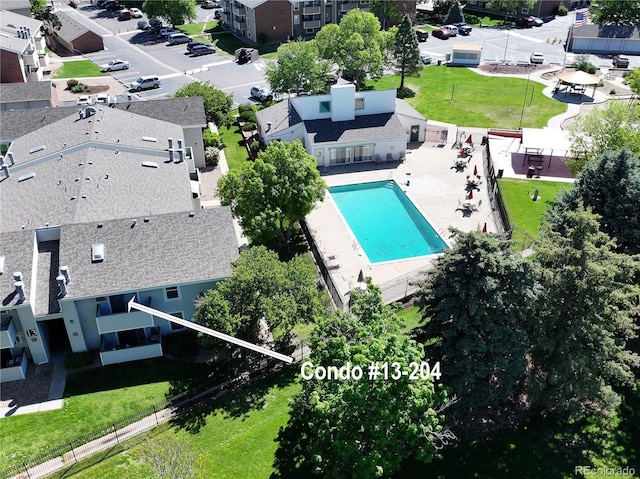 drone / aerial view of a pool area