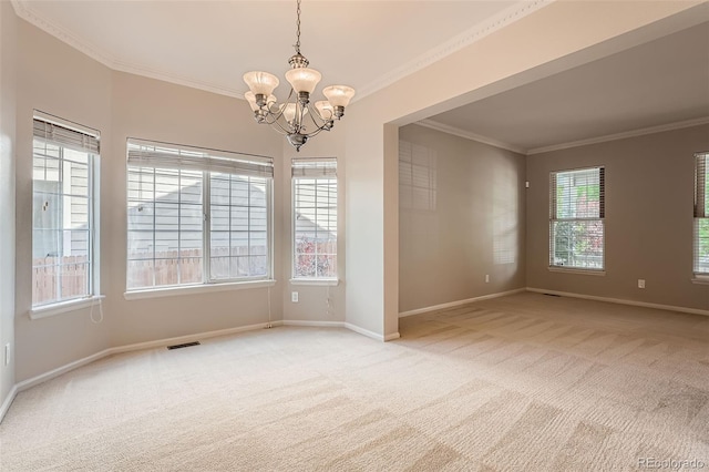 20431 E Union Cir, Aurora, CO 80015 - unfurnished room with carpet, ornamental molding, a chandelier, and baseboards