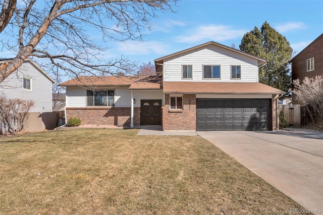 tri-level home featuring brick siding, concrete driveway, fence, a garage, and a front lawn