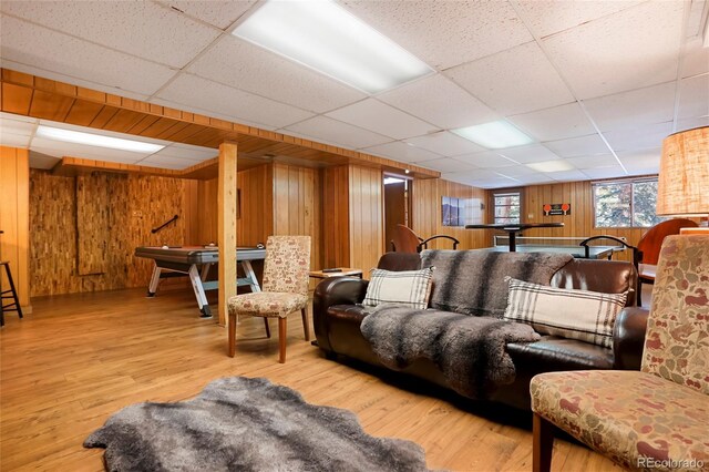 3237 Mill Creek Rd, Dumont, CO 80436 - living area with wooden walls, a drop ceiling, billiards, and wood finished floors