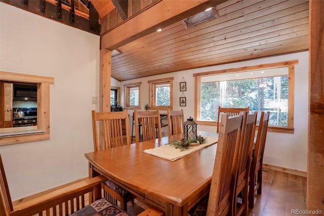 3237 Mill Creek Rd, Dumont, CO 80436 - dining area featuring vaulted ceiling, wood ceiling, and hardwood / wood-style flooring