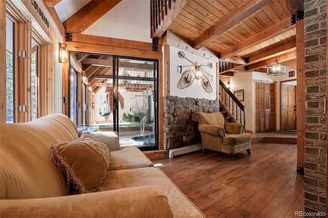 3237 Mill Creek Rd, Dumont, CO 80436 - sitting room with hardwood / wood-style floors, baseboard heating, a wood ceiling with exposed beams, and stairs