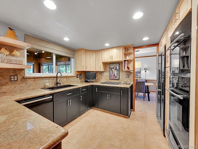 7335 S Milwaukee Way, Centennial, CO 80122 - kitchen featuring open shelves, black appliances, recessed lighting, tasteful backsplash, and light tile patterned flooring