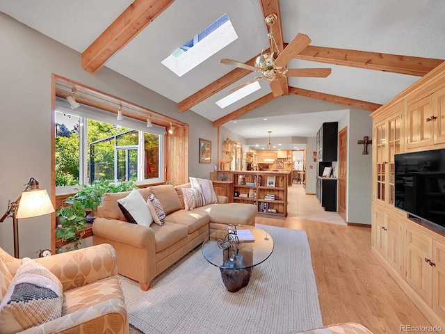 7335 S Milwaukee Way, Centennial, CO 80122 - living room featuring a skylight, light wood-style flooring, and a ceiling fan