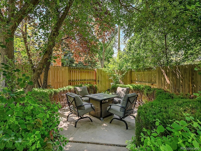 7335 S Milwaukee Way, Centennial, CO 80122 - fenced backyard with a patio area and an outdoor fire pit