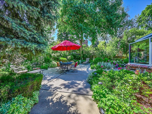 7335 S Milwaukee Way, Centennial, CO 80122 - view of patio / terrace featuring outdoor dining area and view of wooded area