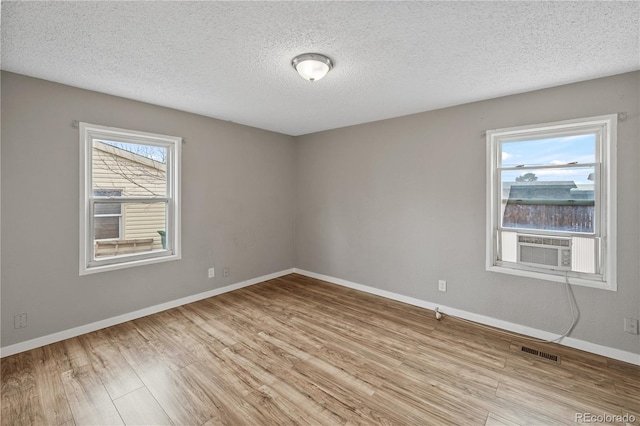 spare room featuring a healthy amount of sunlight, a textured ceiling, and light hardwood / wood-style flooring