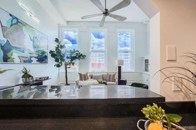 interior space featuring ceiling fan and dark stone countertops