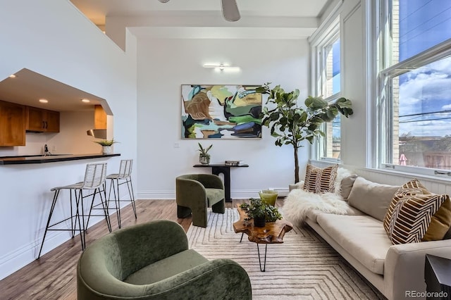 living area with baseboards, light wood-type flooring, and a wealth of natural light