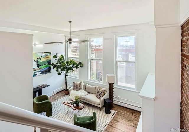 living room featuring a baseboard radiator, ceiling fan, and wood finished floors