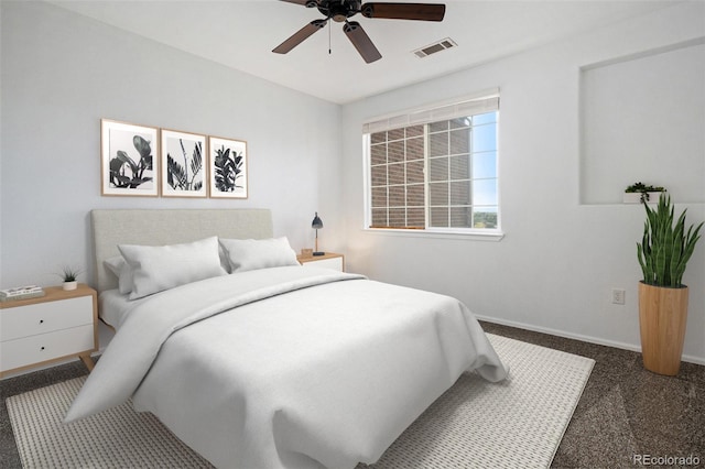 carpeted bedroom with ceiling fan