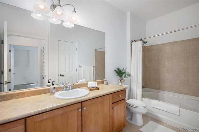 full bathroom featuring toilet, tile patterned floors, vanity, and shower / bathtub combination with curtain