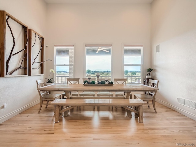 dining room with light hardwood / wood-style flooring and a towering ceiling