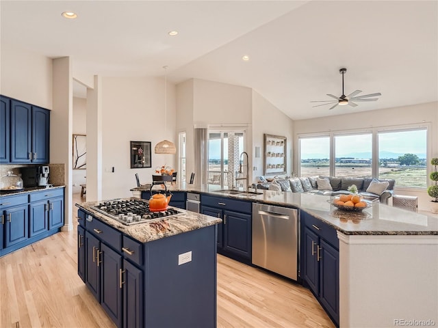 kitchen with ceiling fan, light hardwood / wood-style flooring, a kitchen island, appliances with stainless steel finishes, and sink