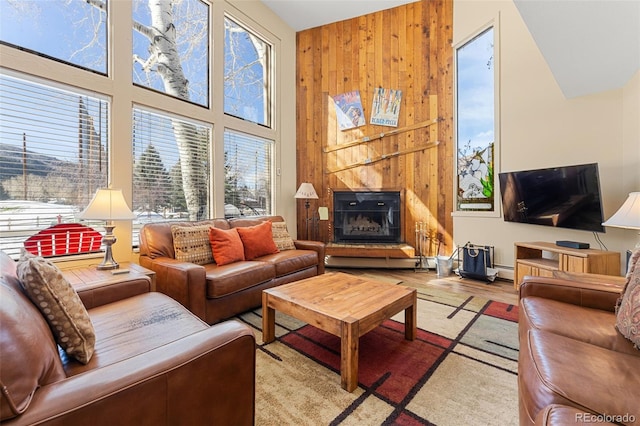 living room featuring light hardwood / wood-style floors, wooden walls, and a baseboard radiator