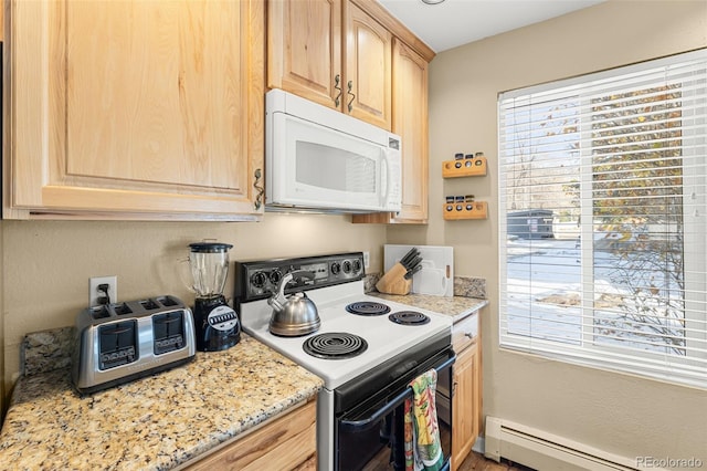 kitchen with baseboard heating, light brown cabinetry, a healthy amount of sunlight, and white appliances