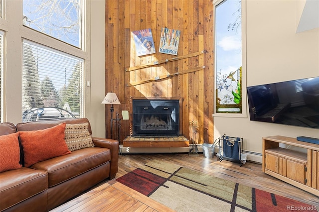 living room with wood walls and hardwood / wood-style flooring