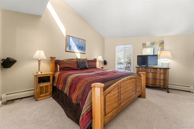 bedroom featuring a baseboard radiator, light colored carpet, and vaulted ceiling