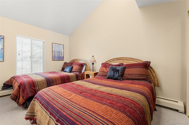 bedroom with vaulted ceiling, light carpet, and a baseboard heating unit