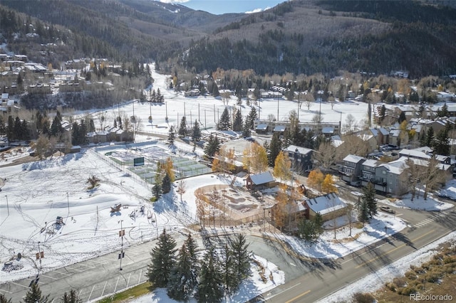 snowy aerial view featuring a mountain view