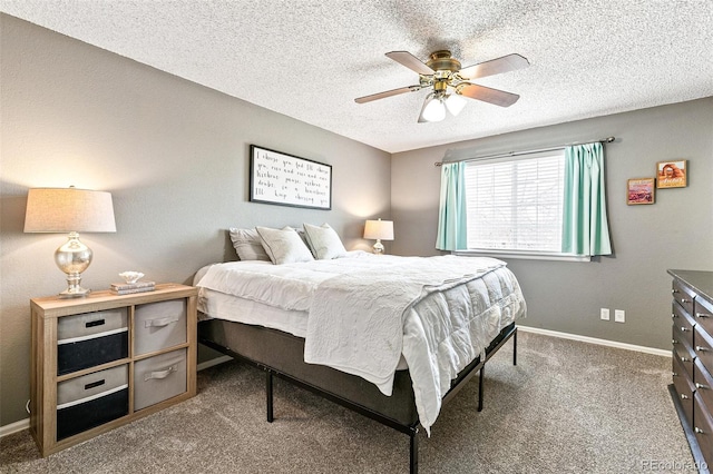 bedroom featuring carpet flooring, ceiling fan, a textured ceiling, and baseboards