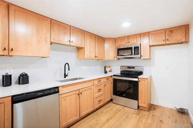 kitchen with sink, light wood-type flooring, and appliances with stainless steel finishes