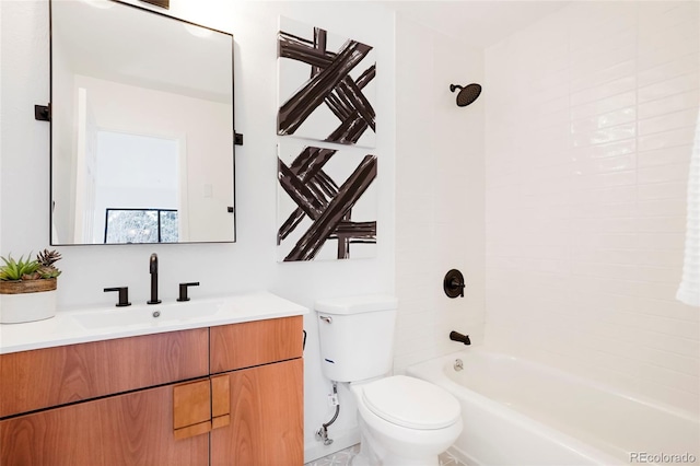 full bathroom with tiled shower / bath combo, vanity, and toilet