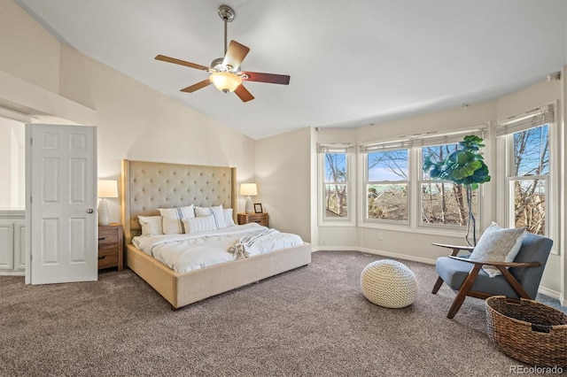 bedroom featuring ceiling fan, baseboards, carpet, and vaulted ceiling