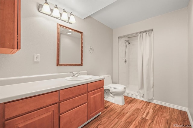 bathroom featuring toilet, wood finished floors, vanity, and a shower stall