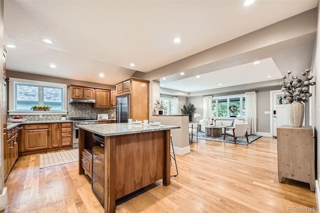 2692 N Raleigh St, Denver, CO 80212 - kitchen with premium appliances, light wood finished floors, light stone countertops, tasteful backsplash, and recessed lighting