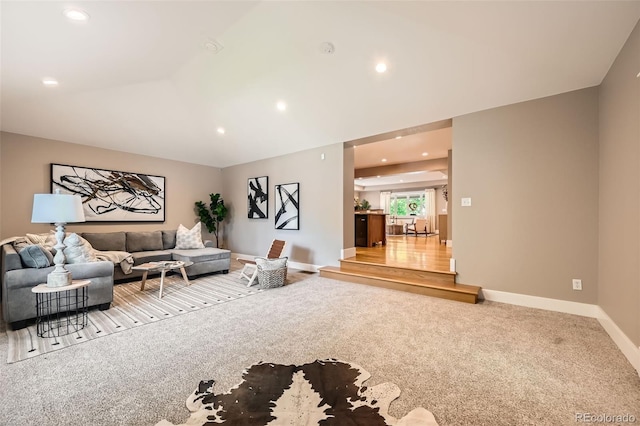 2692 N Raleigh St, Denver, CO 80212 - carpeted living room featuring lofted ceiling and recessed lighting