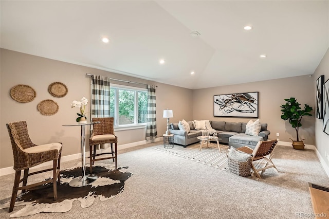 2692 N Raleigh St, Denver, CO 80212 - carpeted living room featuring lofted ceiling and recessed lighting