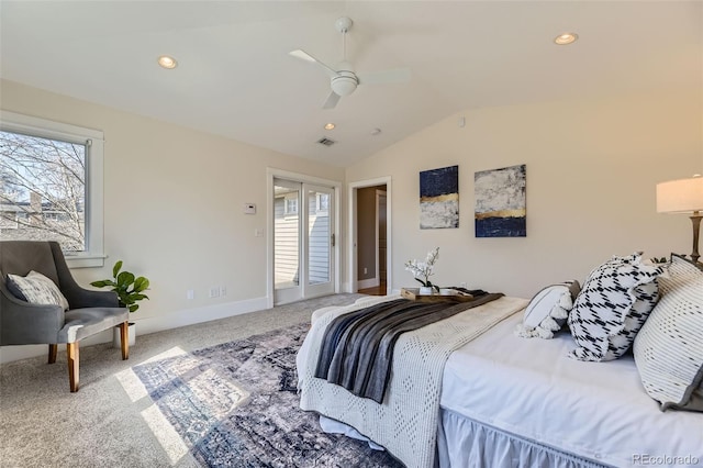 2692 N Raleigh St, Denver, CO 80212 - bedroom featuring vaulted ceiling, carpet flooring, recessed lighting, ceiling fan, and access to exterior