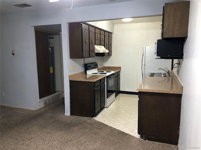 kitchen with dark brown cabinetry, white electric range, sink, and light carpet