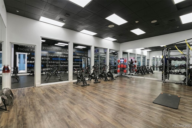 gym featuring hardwood / wood-style flooring and a paneled ceiling