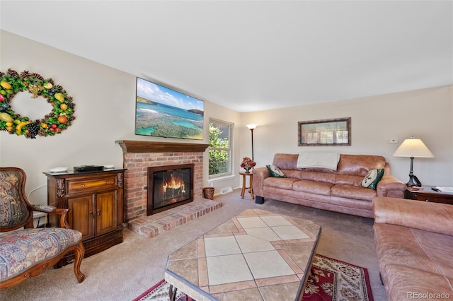 living area featuring light carpet and a fireplace