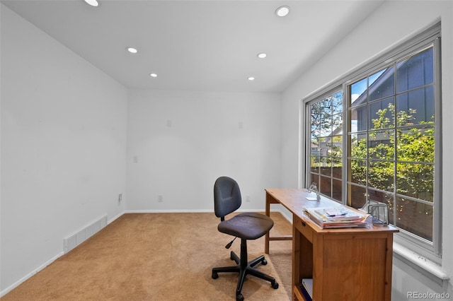 carpeted home office featuring recessed lighting and baseboards