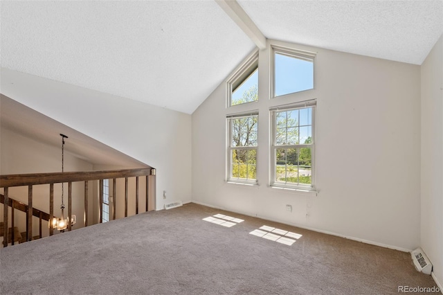bonus room featuring carpet, high vaulted ceiling, beamed ceiling, baseboards, and a textured ceiling