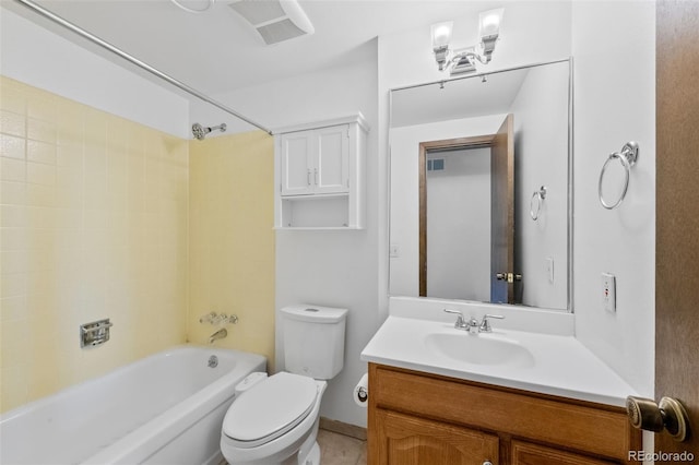 full bath featuring vanity, tub / shower combination, and toilet