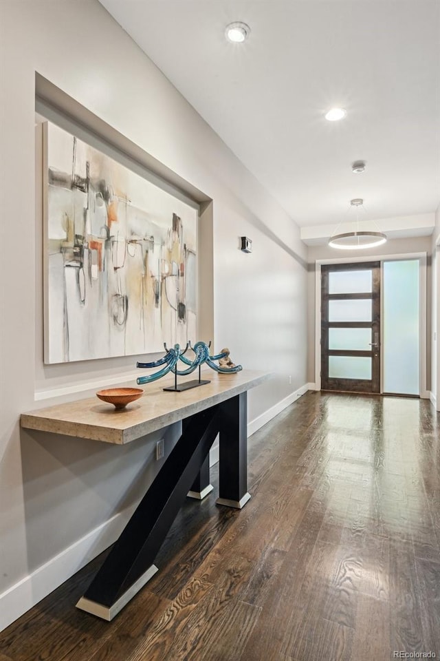 445 Forest St, Denver, CO 80220 - corridor with dark wood-style flooring and recessed lighting