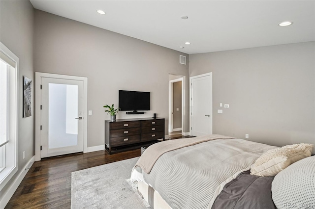 445 Forest St, Denver, CO 80220 - bedroom featuring dark wood-type flooring, recessed lighting, and high vaulted ceiling