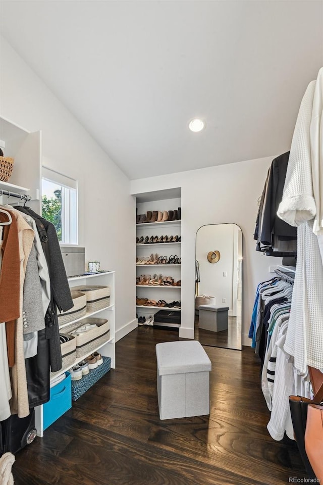 445 Forest St, Denver, CO 80220 - walk in closet featuring wood finished floors and lofted ceiling