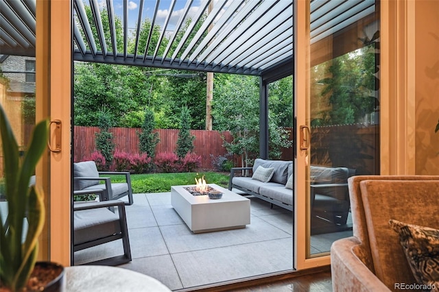 445 Forest St, Denver, CO 80220 - view of patio featuring a pergola and an outdoor living space with a fire pit